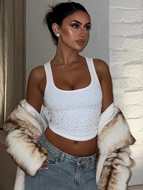Women's Sexy Ribbed Knit Tank Top With Hot Rhinestones Slim Fit Sleeveless Crop Top Summer Streetwear Party Cami For Women