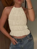 Women Sexy Pleated Halter Cami Top Backless Lace Up Chiffon Tank Top For Summer Vacation Party Sleeveless Polyester Spandex Blouse
