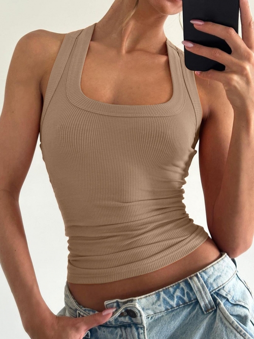 Women's Ribbed Knit Tank Top Sexy U-Neck Slim Fit Racerback Cropped Vest 94% Polyester 6% Spandex Sleeveless Summer Streetwear Top Daily Casual Casual Ribbed Vest