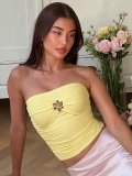 Women Sexy Ruched Tube Top Metal Flower Buckle Slim Fit Strapless Crop Top Summer Streetwear Party Clubwear Elastic Polyester Spandex Tube Top