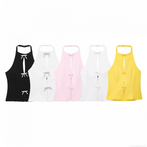 Women Halter Neck Backless Bow Tie Top Sexy Hollow Out Sleeveless Camisole Polyester Solid Color Tank Top For Summer Party Streetwear Casual Women Tops