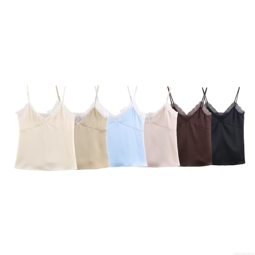 Women Sexy Lace Trim Satin Cami Tank Top V Neck Silk Texture Sleeveless Strap Vest Ladies Streetwear Party Club Camisole Tops