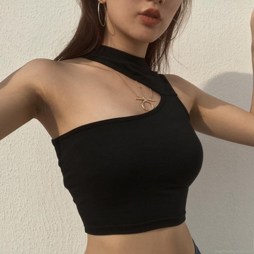 Women Sexy One Shoulder Cutout Tank Top Polyester Cotton Blend Asymmetrical Crop Top Summer Party Clubwear Slim Fit Trendy Streetwear Bodycon Top