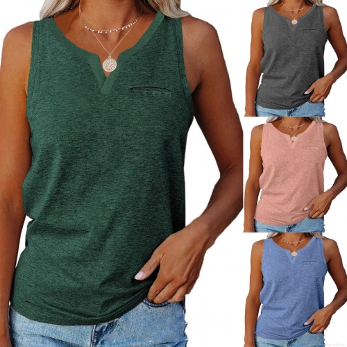 Women's Casual V Neck Tank Top With Chest Pocket Loose Fit Sleeveless Summer Knit Polyester Spandex Basic Solid Color Shirt Plus Size Top For Women