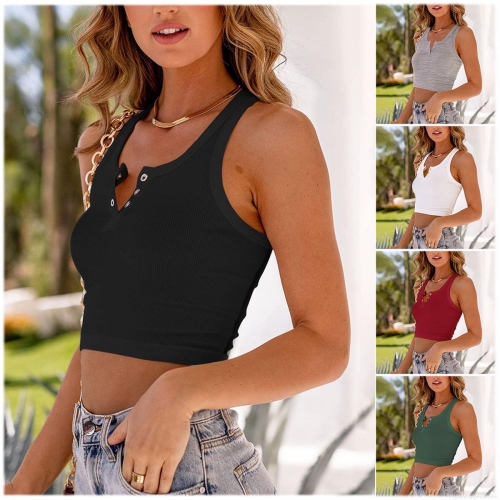Women's Sexy Ribbed Knit Tank Top Casual Henley Neck Button Down Sleeveless Slim Fit Crop Top Summer Polyester Spandex Solid Color Basic Vest