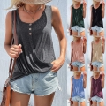 Women's Casual Sleeveless Tank Top Cotton Polyester Blend Knit Button Round Neck Twist Knot Hem Summer Solid Color Streetwear Vest Tops