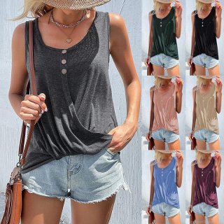 Women's Casual Sleeveless Tank Top Cotton Polyester Blend Knit Button Round Neck Twist Knot Hem Summer Solid Color Streetwear Vest Tops