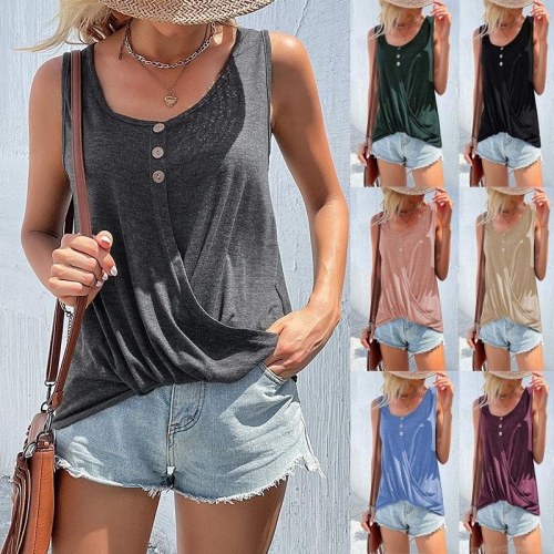 Women's Casual Sleeveless Tank Top Cotton Polyester Blend Knit Button Round Neck Twist Knot Hem Summer Solid Color Streetwear Vest Tops