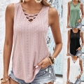 Women's V Neck Sleeveless Knitted Tank Top Criss-Cross Tie Front Hollow Out Eyelet Summer Breathable Boho Style Vest Top For Daily Vacation