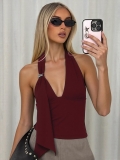 Women's Sexy Halter Neck Deep V Tank Top Open Back Metal Buckle Polyester Spandex Asymmetric Drape Slim Fit Sleeveless Crop Top for Party Clubwear Streetwear