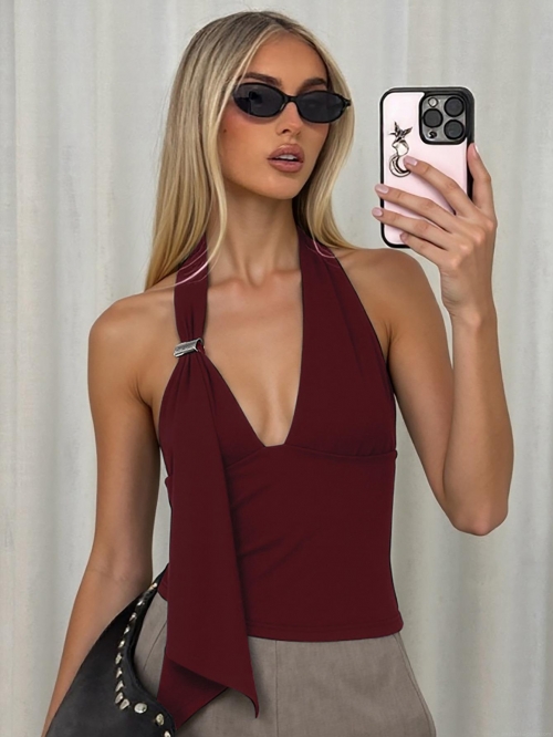 Women's Sexy Halter Neck Deep V Tank Top Open Back Metal Buckle Polyester Spandex Asymmetric Drape Slim Fit Sleeveless Crop Top for Party Clubwear Streetwear