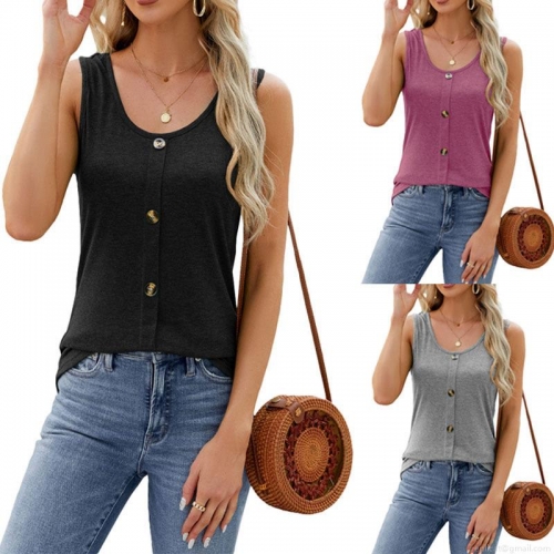 Women's Slim Fit Tank Top 95% Polyester 5% Spandex Sleeveless Summer Casual Solid Color Ribbed Knit Vest With Decorative Buttons For Women Beach Vacation Daily Wear Soft Breathable Tops