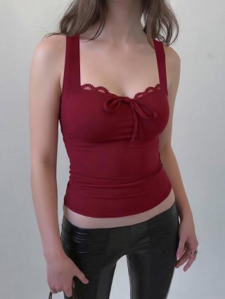 Women Sexy Lace Trim Bowknot Cami Top Slim Fit Sleeveless Tank Top Ribbed Knit Streetwear Casual Vest For Summer Party Clubwear Solid Color Polyester Spandex Top