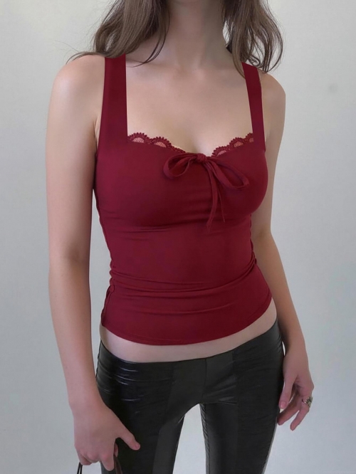 Women Sexy Lace Trim Bowknot Cami Top Slim Fit Sleeveless Tank Top Ribbed Knit Streetwear Casual Vest For Summer Party Clubwear Solid Color Polyester Spandex Top