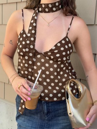 Sexy Women Polka Dot Camisole Polyester Backless V Neck Tank Top With Matching Choker Scarf Summer Vacation Retro Streetwear Women Clothing