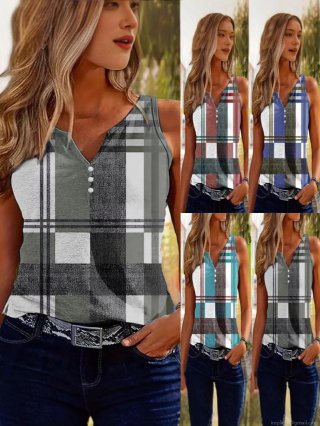 Women's Casual Plaid V-Neck Tank Top Sleeveless Polyester Spandex Checked Blouse With Decorative Buttons Summer Fashion Sleeveless Shirt For Daily Vacation Women