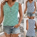 Women's Casual Waffle Knit Sleeveless Tank Top V Neck Button Henley Vest Marl Textured Summer Shirt