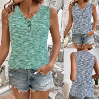 Women's Casual Waffle Knit Sleeveless Tank Top V Neck Button Henley Vest Marl Textured Summer Shirt