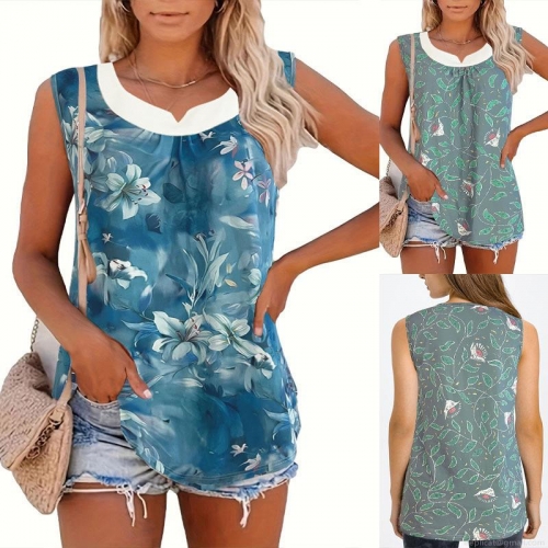 Women's Summer Sleeveless Top Loose Casual Floral Print Tank Top Polyester Spandex Contrast V-Neck Vest For Holiday Beach Daily Casual