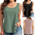 Women's Summer Casual Round Neck Sleeveless Tank Top Solid Color Eyelet Embroidery Hollow Out Loose Fit Vest Camisole For Women