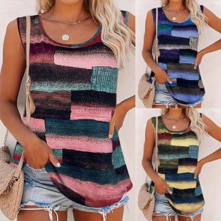 Women's Casual Tank Top Milk Silk Breathable Sleeveless Vest Summer Vacation Abstract Geometric Print Round Neck Loose Top For Women