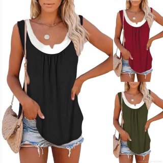 Women's Summer Casual Sleeveless Tank Top Contrast Trim Round Neck Pleated Loose Fit Polyester Spandex Camisole Vest Top