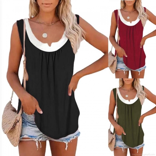 Women's Summer Casual Sleeveless Tank Top Contrast Trim Round Neck Pleated Loose Fit Polyester Spandex Camisole Vest Top