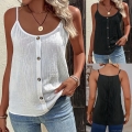 Women Plus Size Pleated Spaghetti Strap Cami Tank Top With Buttons Summer Casual Solid Color Round Neck Sleeveless Vest Loose Fit Polyester Blouse For Daily Vacation Outfits