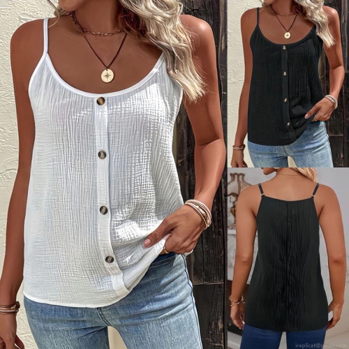 Women Plus Size Pleated Spaghetti Strap Cami Tank Top With Buttons Summer Casual Solid Color Round Neck Sleeveless Vest Loose Fit Polyester Blouse For Daily Vacation Outfits