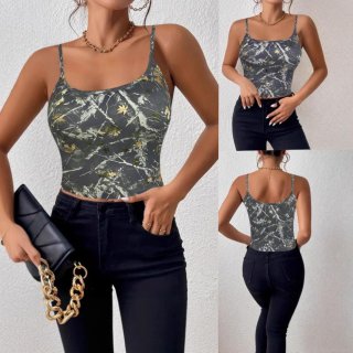 Women's Slim Fit Camouflage Leaf Print Camisole Summer Sleeveless Polyester Spandex Strappy Tank Top For Commute Street Style