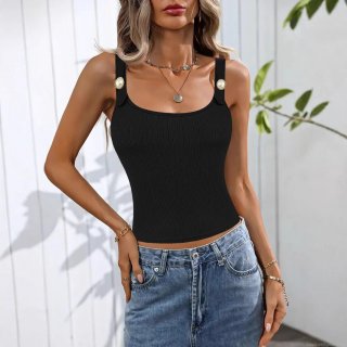 Women's Sexy Slim Fit Ribbed Knit Tank Top Pearl Button Decoration Square Neck Sleeveless Camisole Summer Streetwear Base Layer