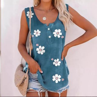 Women's Plus Size Sleeveless Tank Top Floral Print Round Neck Polyester Spandex Vest Casual Loose Summer Top With Buttons For Daily Travel Women Clothing