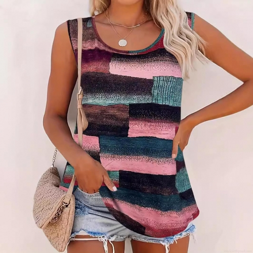 Women Plus Size Tank Top Polyester Spandex Blend Abstract Geometric Print Sleeveless Round Neck Loose Fit Summer Casual Beach Vest Top For Women