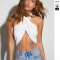 Women's Halter Cross Neck Crop Top With Metal Rhinestone Fringe Sexy Nightclub Party Backless Sleeveless Vest Western Style Beachwear Summer Fashion Top