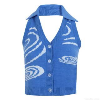 Women Halter Neck Knitted Camisole Vest Sexy Deep V-Neck Backless Cropped Tank Top With Buttons Checkerboard Heart Stripe Pattern Streetwear Party Clubwear Summer Top