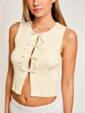 Women's Sexy Ribbed Knit Tank Top With Front Bow Ties Cut-out Sleeveless Slim Fit Crop Vest For Daily Streetwear Party Summer Fashion