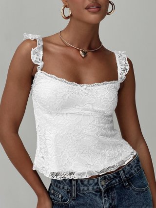 Women's Sexy Y2K Lace Patchwork Camisole Tank Top With Ruffle Shoulder Strap Bow Floral Crochet Sleeveless Crop Top Polyester Spandex Summer Streetwear