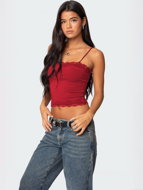 Women's Sexy Y2K Lace Trim Camisole Top Ribbed Knit Spaghetti Strap Slim Fit Cropped Tank Top Summer Sleeveless Streetwear Shirt