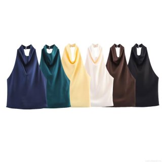 Women's Satin Halter Neck Top Sexy Backless Sleeveless Silk Feel Tank Top 100% Polyester Solid Color Loose Fit Camisole For Summer Resort Party Elegant Vest