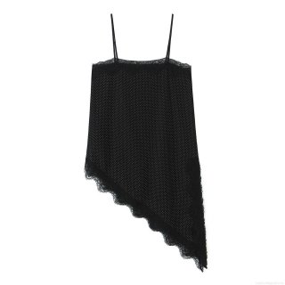 Women's Sexy Black Polka Dot Camisole With Lace Patchwork Asymmetrical Hem Slim Fit Adjustable Spaghetti Strap Top Chic Party Summer Sleeveless Tank Blouse