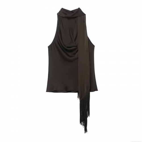 Sexy Women's Satin Halter Neck Top With Long Scarf Tassel Detail Sleeveless Backless Solid Color Silk-Like Blouse For Evening Party Social Events Elegant Top