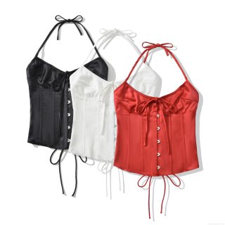 Women Sexy Backless Halter Corset Top Satin Polyester Boned Adjustable Front Hook Closure Party Clubwear Slim Fit Socialite Style