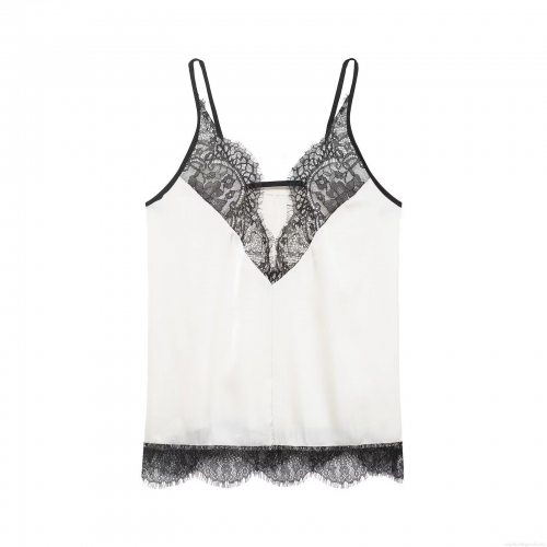 Women Sexy V-Neck Satin Camisole Lace Trim Patchwork Spaghetti Strap Tank Top Elegant Sleepwear Clubwear Sleeveless Blouse