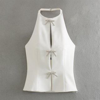 Women's Sexy Halter Neck Top With Sparkling Rhinestone Bow Detail Backless Slim Fit Tank Top For Party Clubwear Summer Sleeveless Polyester Blouse