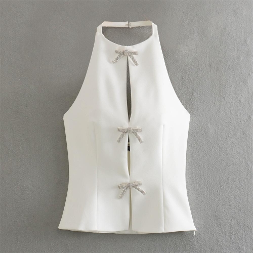 Women's Sexy Halter Neck Top With Sparkling Rhinestone Bow Detail Backless Slim Fit Tank Top For Party Clubwear Summer Sleeveless Polyester Blouse
