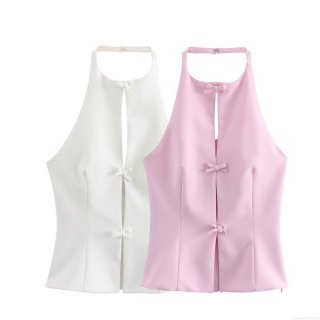 Sexy Halter Neck Bow Top Women Summer Backless Front Slit Slim Fit Sleeveless Polyester Spandex Top for Vacation Party Socialite Style