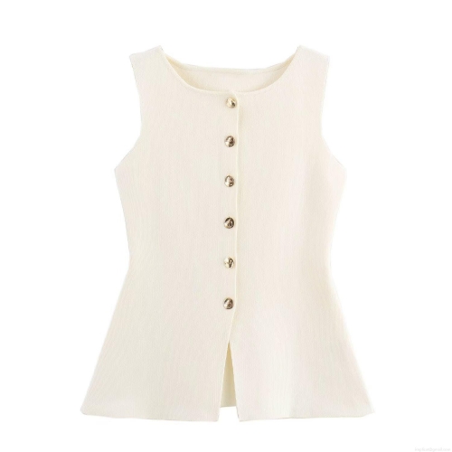 Women's Sleeveless Knit Vest Round Neck Single Breasted Button Down Tank Top Elegant Commuter Style Casual Summer Knitwear Solid Color Waistcoat For Women