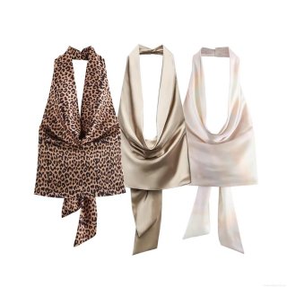 Women's Sexy Backless Halter Top Satin Silk-like Polyester Leopard Print Gradient Sleeveless Camisole With Large Bow Tie Chic Party Clubwear For Women