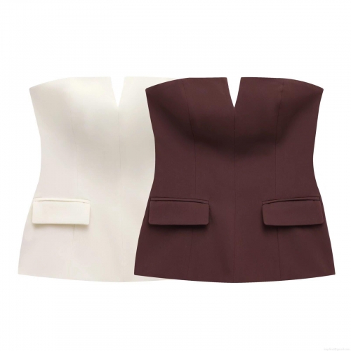 Women Sexy Strapless Tube Top V-Neck Slim Fit Bandeau Top With Decorative Pockets Side Zipper Polyester Suit Fabric Sleeveless Vest For Party Clubwear