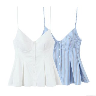 Women Sexy Poplin Striped Cami Top V-Neck Button Front Peplum Camisole Adjustable Strap Slim Fit Sleeveless Tank Top For Summer Date Night